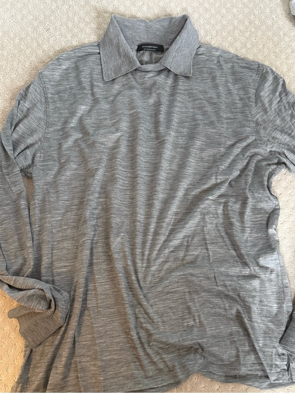 Ermenegildo Zegna Heather Gray Long-Sleeve Polo 100% wool XXL fits like XL